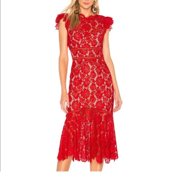 SAYLOR Lace High Neck Ruffled Trumpet Midi Dress Medium - Picture 1 of 14